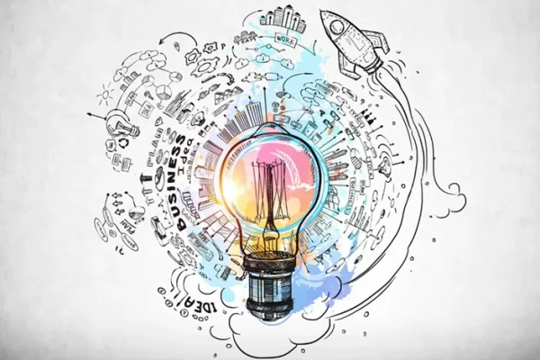 Illustration of a glowing lightbulb surrounded by idea sketches