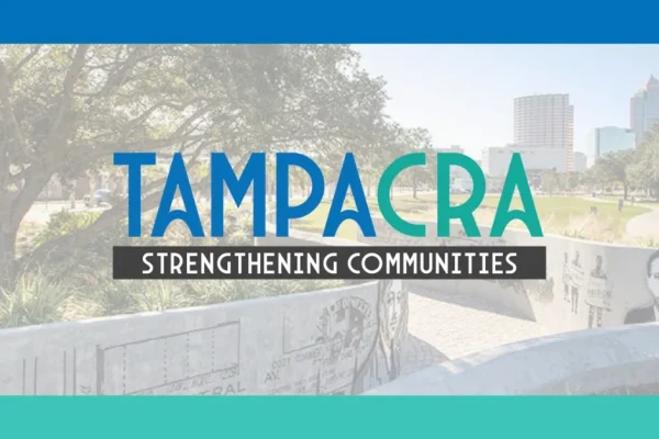 Tampa CRA 'Strengthening Communities' banner over a Tampa skyline photo