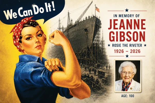 Rosie the Riveter poster in memory of Jeanne Gibson, 1926 to 2026