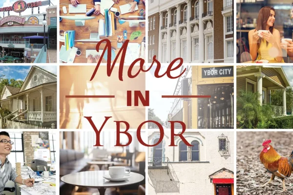 'More in Ybor' photo collage showcasing Ybor City scenes and people