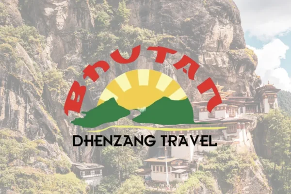Dhenzang Travel Bhutan logo over a mountain landscape photo