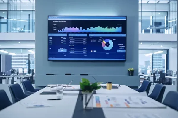 Conference room with a wall screen displaying a data analytics dashboard
