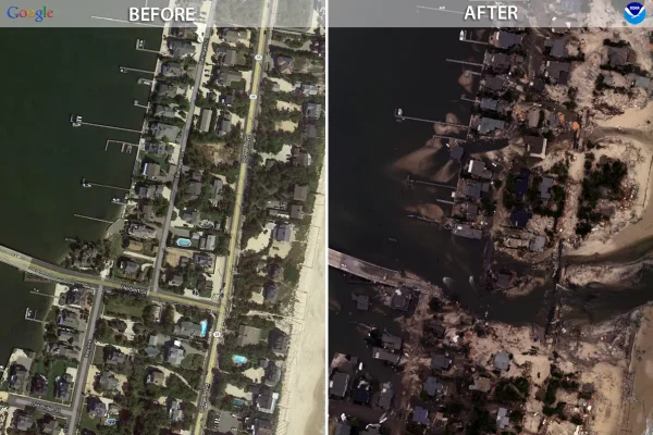 Satellite before-and-after images of a coastal town showing hurricane damage
