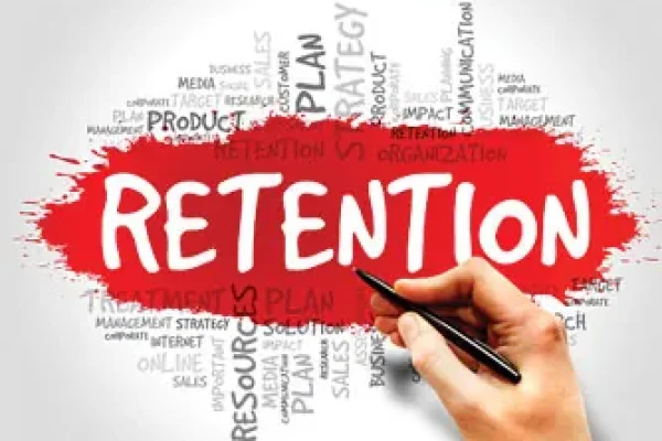 'Retention' written in red paint surrounded by a marketing word cloud